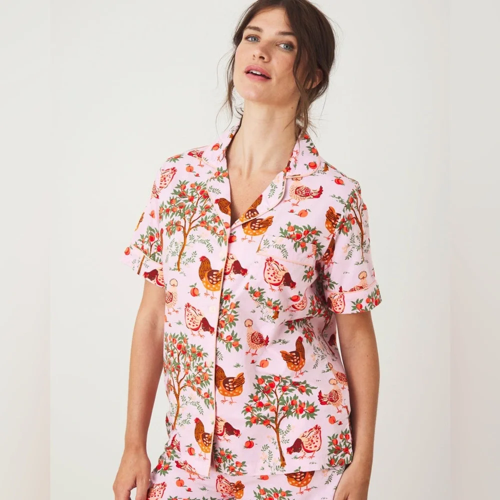 PRINTFRESH 100% Organic Cotton Top & Cropped Pants Hen House Ballet Pink XXS GUC - Picture 2 of 14